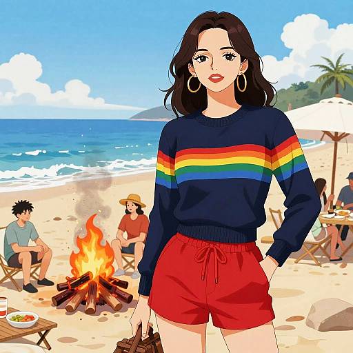 Digital anime-style drawing of a confident woman with dark hair, wearing a navy sweater with rainbow stripes, red shorts, and hoop earrings, standing on a