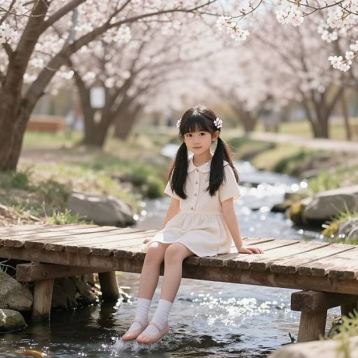 Photograph of an East Asian girl with black pigtails, white dress, and white socks, sitting on a wooden bridge over a sunlit,