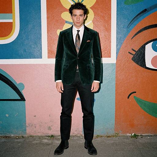 Photograph of a man in a black velvet suit standing in front of a colorful, graffiti-style mural with bold shapes and abstract eyes.