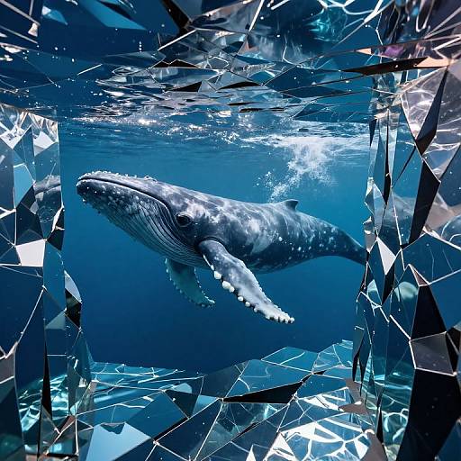 Photograph of a massive blue whale swimming beneath an abstract, shattered mirror-like frame, with underwater sunlight reflecting off its textured skin.