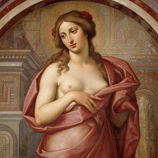Renaissance-style painting of a fair-skinned, brown-haired woman with red flowers in her hair, partially draped in a pink fabric, exposing one