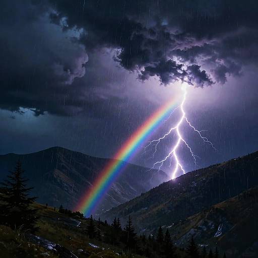 Photograph of a dramatic nighttime mountain landscape with dark clouds, bright lightning bolts, and a vivid rainbow arcing over jagged peaks. Rain falls heavily