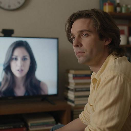 Man in Cluttered Room with TV Image