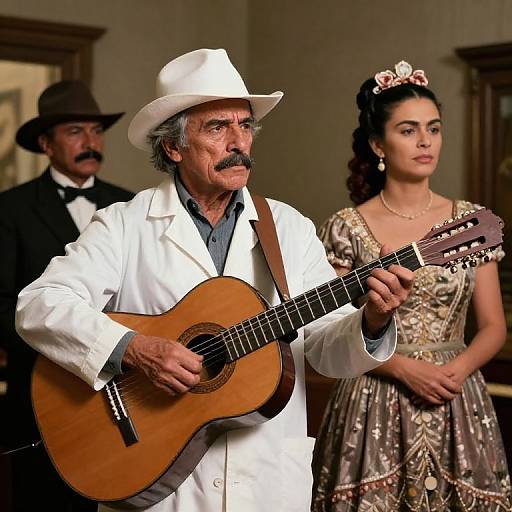 Photograph of an elderly man in a white suit and hat playing a guitar, flanked by a woman in an ornate dress and a mustached