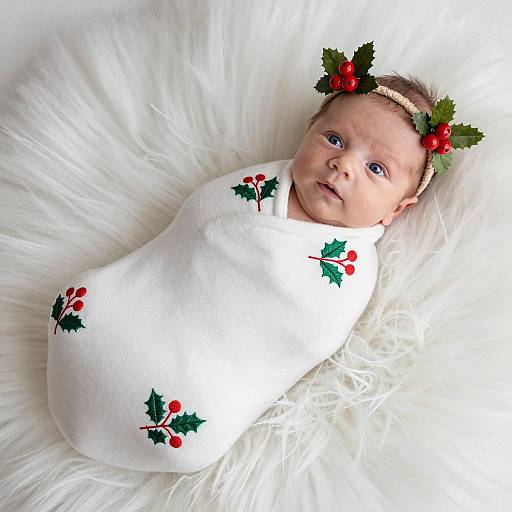 Newborn Baby in Christmas Holly Swaddle