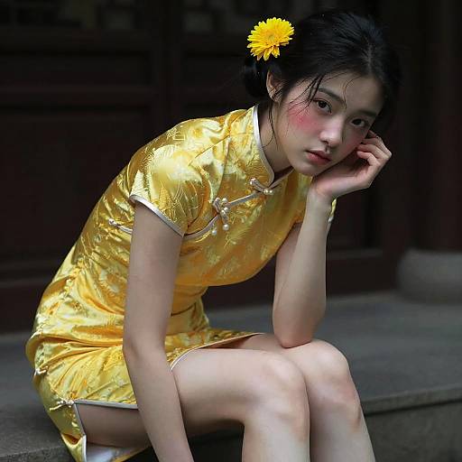 Flustered Woman in Yellow Aodai Dress