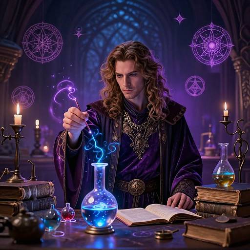 Magical wizard with long brown hair conjures purple and blue spells in dimly lit, gothic library, surrounded by candles, books, and al