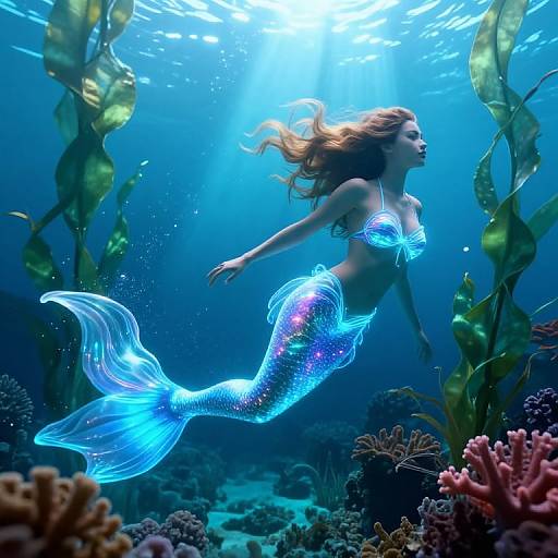 Photorealistic digital art: Glowing blue mermaid with long, flowing hair swims through vibrant underwater coral reef, surrounded by green seaweed, illuminated