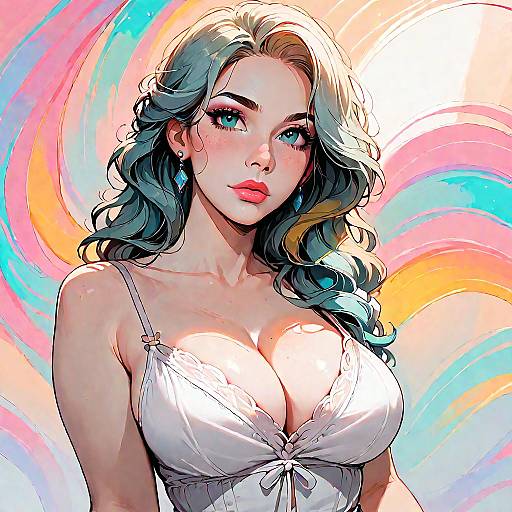 Stylized Portrait of Woman with Blonde Hair and White Dress