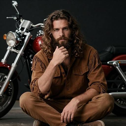 Pensive Bearded Man with Motorcycle