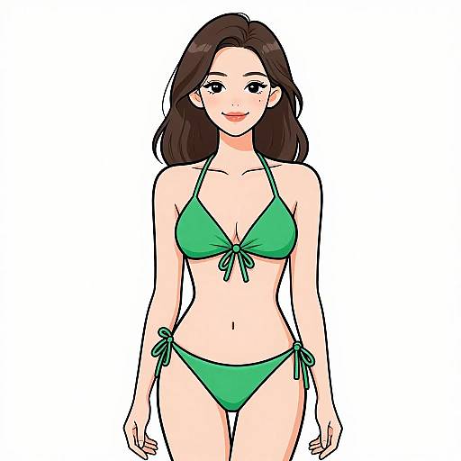 Digital anime-style drawing of a smiling woman with long brown hair, wearing a green string bikini, standing against a plain white background.