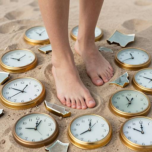 Bare Feet Among Broken Golden Clocks