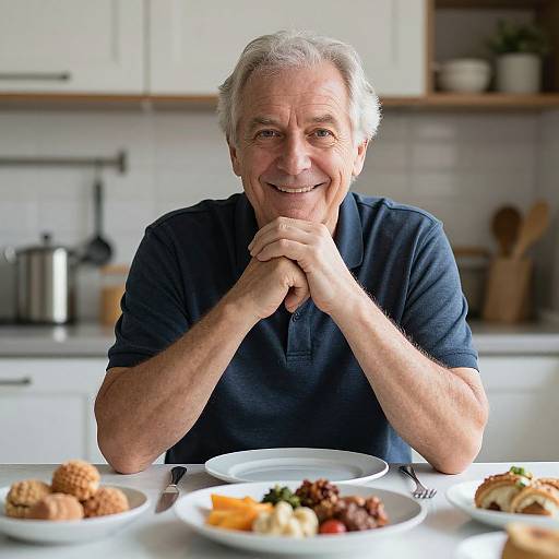 Photograph of a smiling elderly man with gray hair, wearing a navy polo shirt, sitting at a kitchen table with a meal. Plates of food and