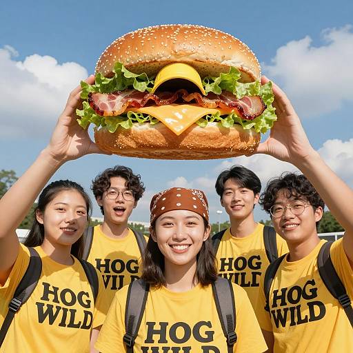 Group Celebrating with Giant Sandwich