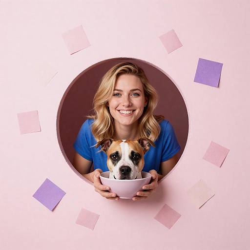 Smiling woman holding dog bowl through pink wall