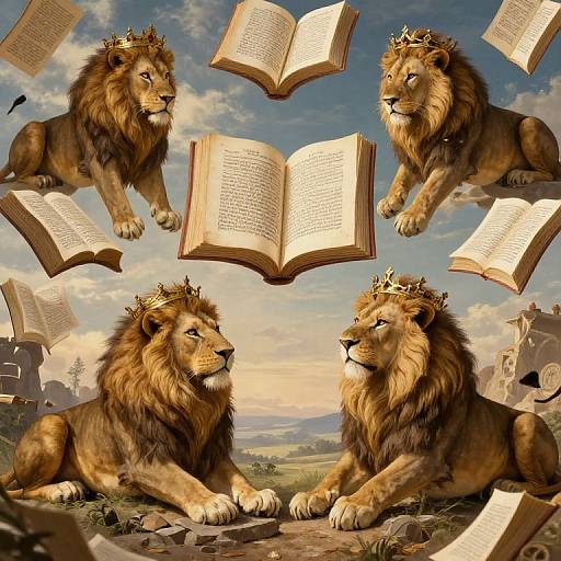 Lions Debating Philosophy with Floating Books