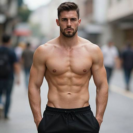 Photograph of a muscular, shirtless, bearded man with short brown hair, standing in a blurred urban street, wearing black pants.