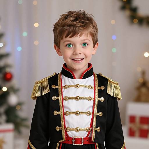 Photograph of a smiling young boy with green eyes, brown hair, wearing a black military-style coat with gold epaulettes and red trim,