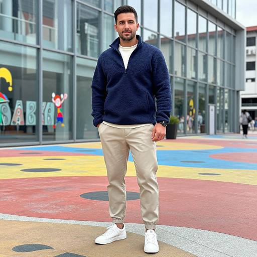 Photograph of a bearded man with short dark hair, wearing a navy fleece, white shirt, beige pants, and white sneakers, standing on a