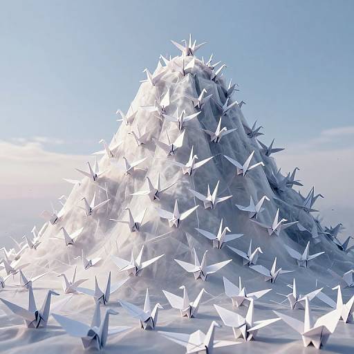 Digital art of a white paper mountain with numerous white paper birds flying around, set against a clear blue sky.