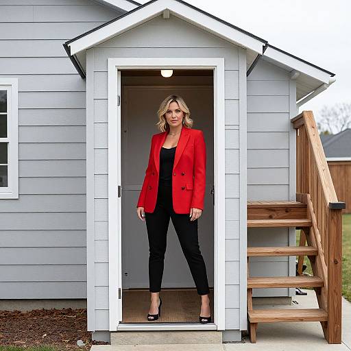 Photograph of a blonde woman in a red blazer, black top, and pants, standing in a gray wooden door of a small house with wooden