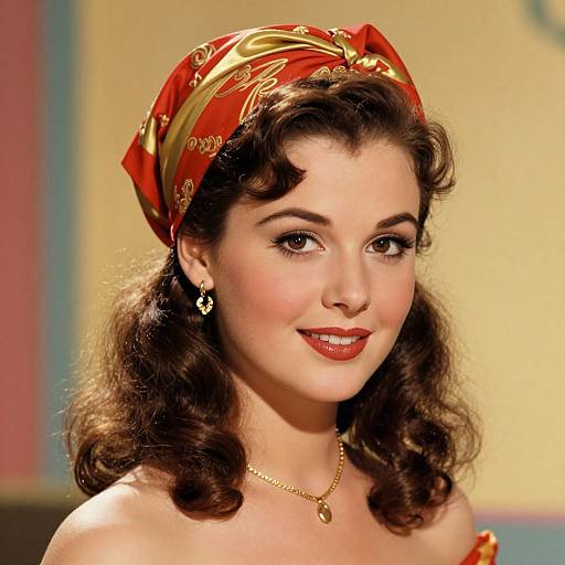 Photograph of a 1940s-style woman with wavy brown hair, red headscarf, gold necklace, red lipstick, smiling, against