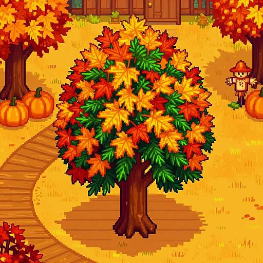 Pixel art of a vibrant autumn tree with red, orange, and yellow leaves, surrounded by pumpkins and a small character, in front of a wooden