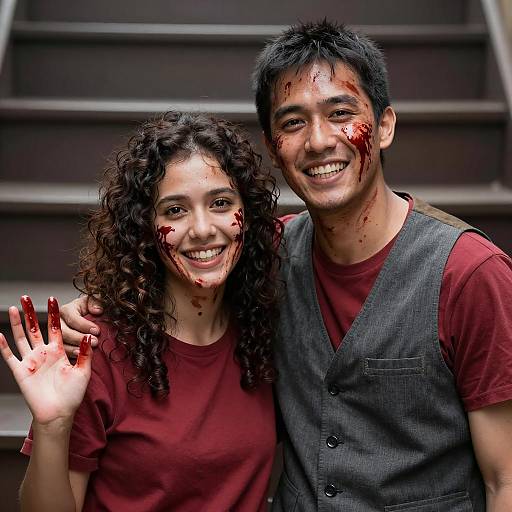 Smiling couple with blood-covered faces