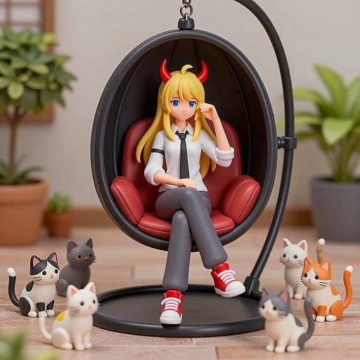 Relaxed Anime Woman with Cats and Plants