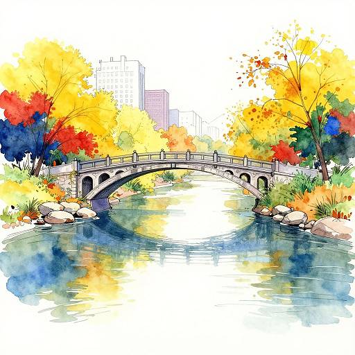 Vibrant watercolor illustration of an arched stone bridge over a reflective river, surrounded by colorful autumn trees and city buildings in the background.