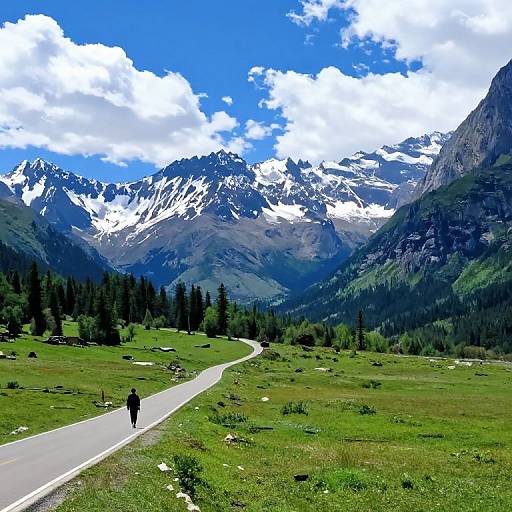 Photograph of a lone hiker on a winding road through a vibrant green meadow, with towering snow-capped mountains and a bright blue sky with