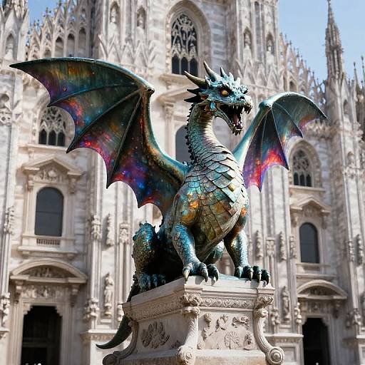 Iridescent Dragon Statue Above Cathedral