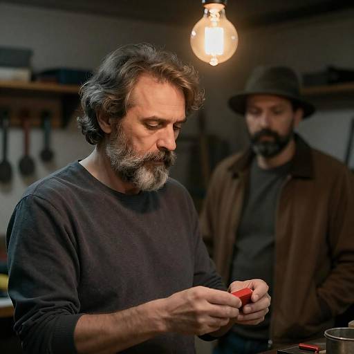 Dimly Lit Workshop with Bearded Men