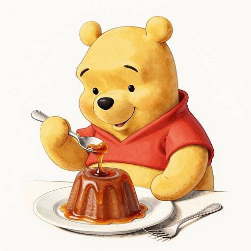 Digital illustration of Winnie the Pooh in a red shirt, smiling while pouring honey onto a pudding on a white plate.