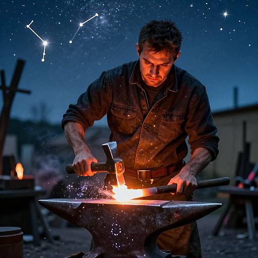 Photograph: Male blacksmith at night, glowing forge, sparks, constellations in sky, wearing dark shirt, hammering hot metal on an