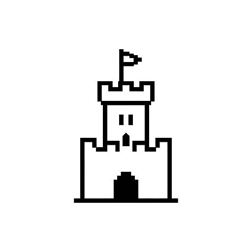 Pixel art of a simplified, black-and-white castle with a square base, tall tower, and small window, set against a white background.