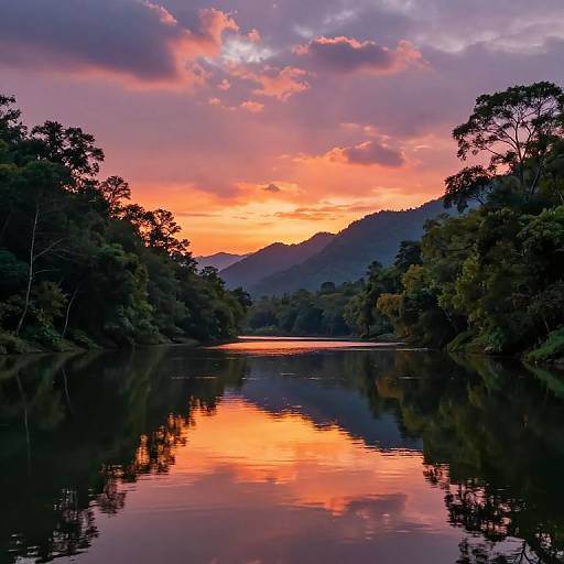 Photograph of a serene sunset over a reflective river, with vibrant orange and pink clouds, silhouetted trees, and dark mountainous background.