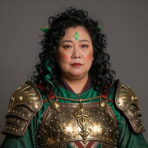 Photograph of a curvy woman with curly black hair, green face paint, and gold armor with green accents, against a gray background.