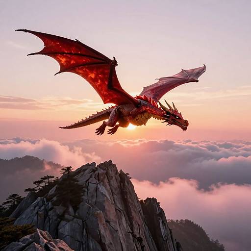 Majestic Red Dragon Flying Over Mountain at Sunrise