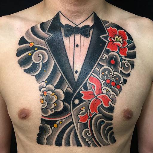 Photograph of a shirtless man with a detailed black and red floral tattoo covering his chest, resembling a tuxedo with a bow tie.