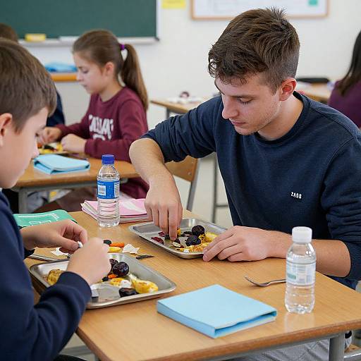 Photograph of three students in a classroom eating lunch, focusing on their food. Male student in navy shirt picks food from tray, water bottles on table