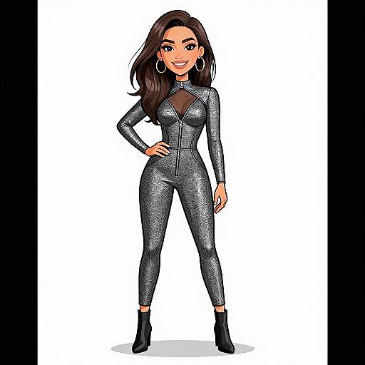 Digital illustration of a confident woman with long brown hair, wearing a sparkly, tight-fitting black jumpsuit, black boots, and large silver hoop