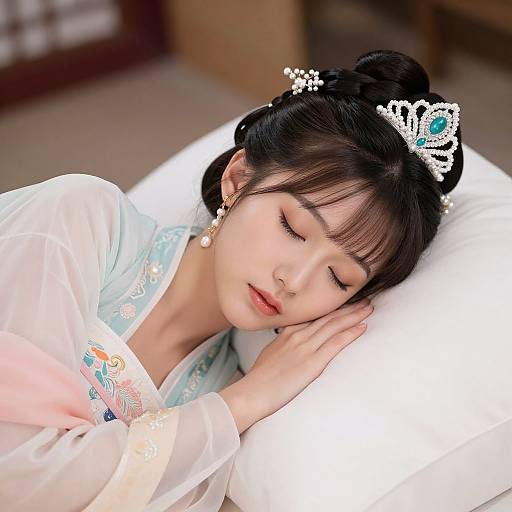 Photograph of a beautiful Asian woman with black hair in a bun, wearing a white sheer dress and silver tiara, sleeping peacefully on a white pillow