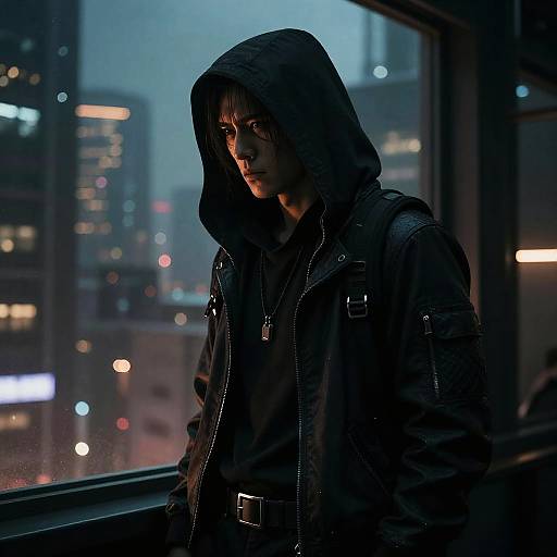 Cyberpunk Hooded Figure in Cityscape