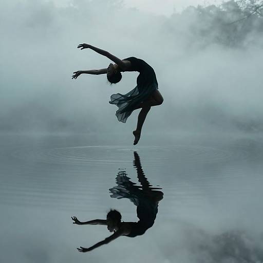 Silhouetted dancer in mid-jump, wearing a flowing dress, mirrored in calm water, surrounded by misty, foggy background, photograph
