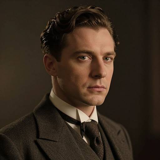 Photograph of a serious, handsome Caucasian man with dark hair, wearing a black suit, white shirt, and black tie, against a dark background.