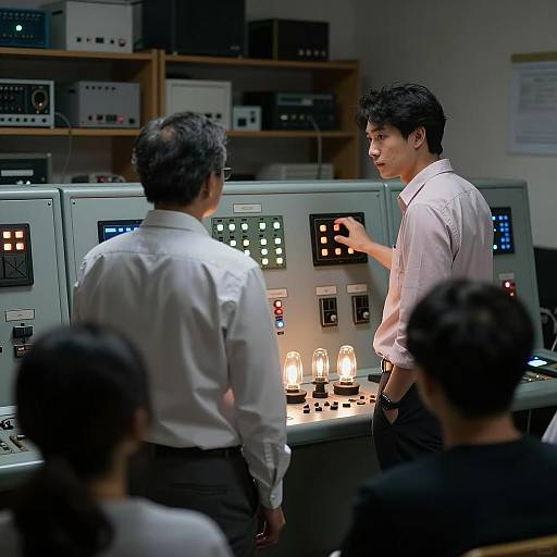 Men Operating Control Panel in Dim Room
