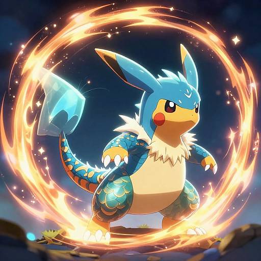 Digital artwork of a blue, dragon-like Pokémon with red cheeks, white fur, and glowing orange rings, standing amidst a fiery, circular aura. Dark