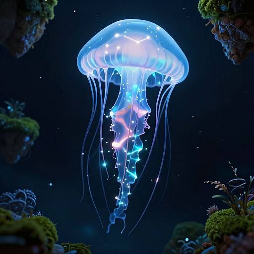 Photograph of a glowing blue jellyfish with bioluminescent patterns, surrounded by dark underwater rocks and marine plants, against a starry night ocean