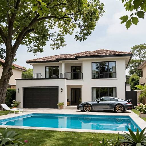 Photograph of a modern two-story white house with black garage doors, balconies, and a sleek black sports car by a clear blue pool, surrounded